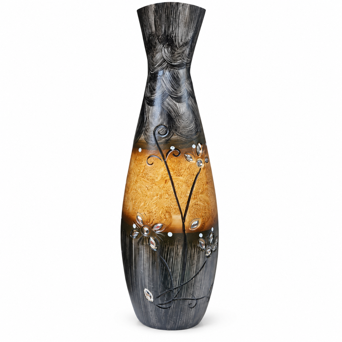 A tall decorative vase with a flared top, featuring a black and gray wood-grain pattern on the upper half and a warm golden-orange textured band on the lower half, decorated with black wire floral vines and clear rhinestone-like accents, shown on a white background.