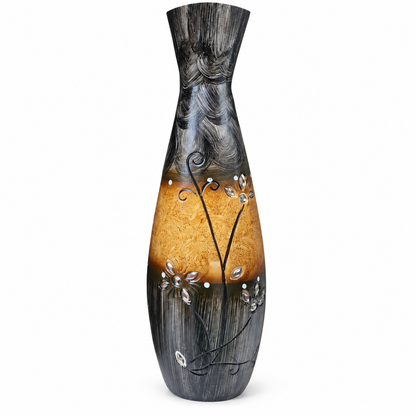 A tall decorative vase with a flared top, featuring a black and gray wood-grain pattern on the upper half and a warm golden-orange textured band on the lower half, decorated with black wire floral vines and clear rhinestone-like accents, shown on a white background.