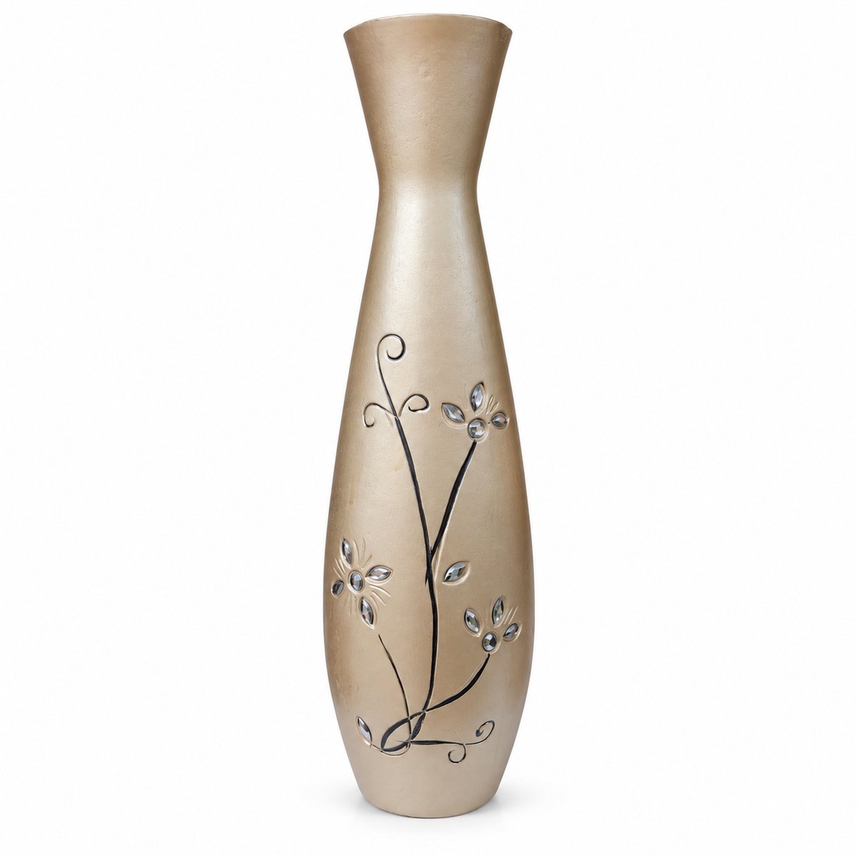 A tall, flared ceramic vase in a warm champagne beige color, decorated with black swirling vine patterns and small silver-toned leaf accents, shown against a plain white background.
