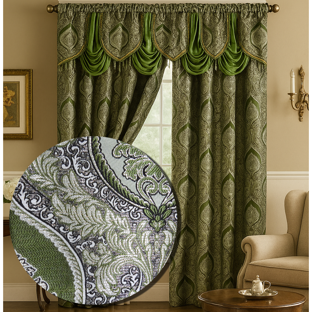 Vianna Jacquard Window Panel, Attached Valance