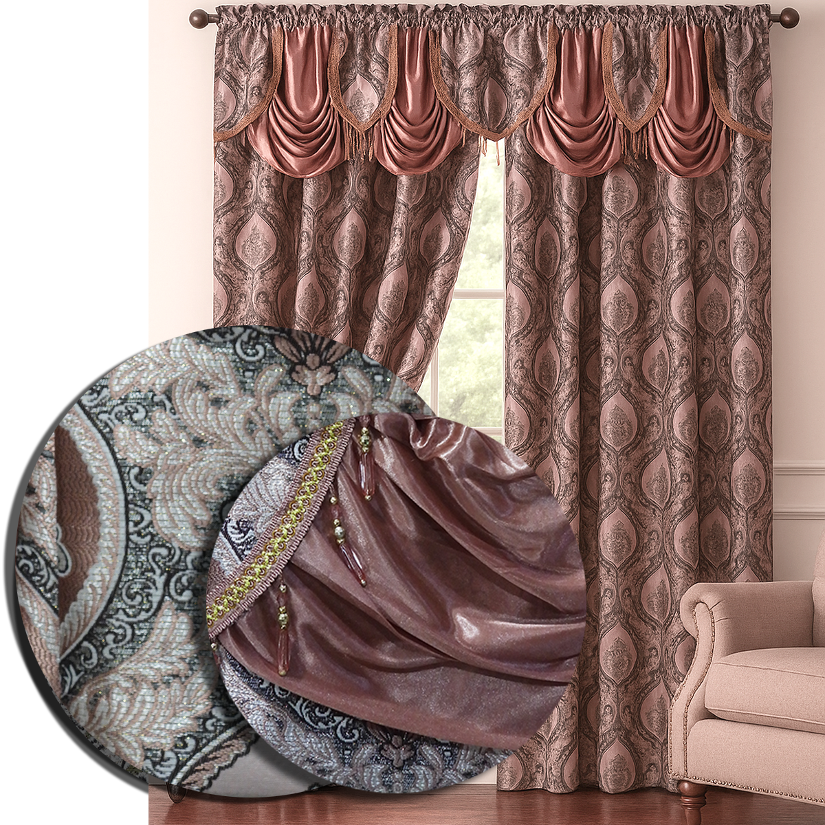 Vianna Jacquard Window Panel, Attached Valance
