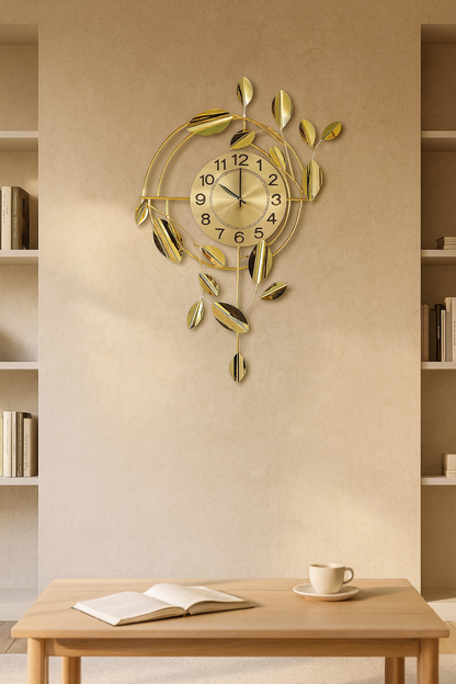 Silent Metal Minimalist Clock | Golden Leaves & Vines